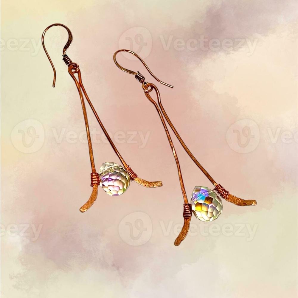 HANDMADE Faceted Austrian Crystal Hand Wrapped Pure Copper Dangle Earrings, Gift